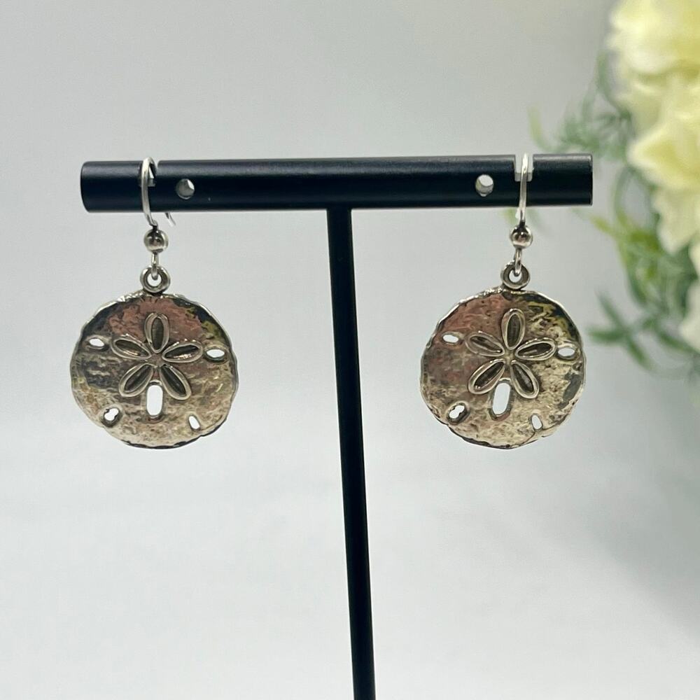 AB Designer Signed Sterling Silver 925 Coastal Beach Sand Dollar Dangle Earrings